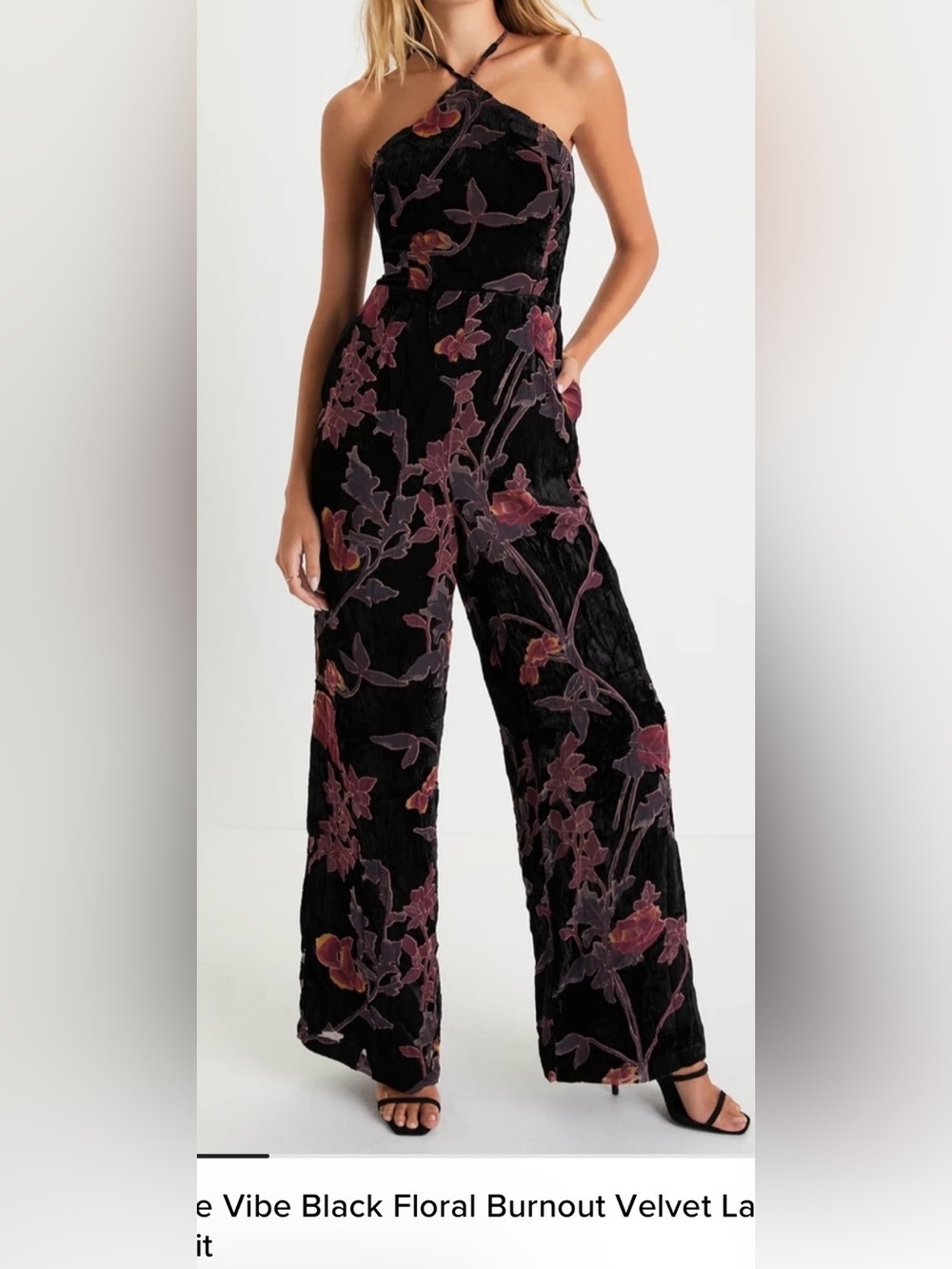Lulu's Black Velvet Floral Burnout Wide-Leg Jumpsuit with Rose Print XL